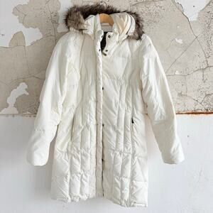 Vtg Eddie Bauer Coat Goose Down Quilted Ivory Parka Faux Fur Hood Women M Winter